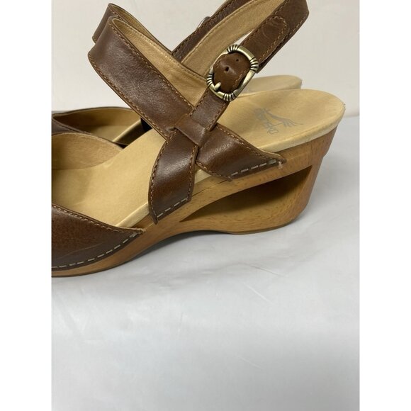 Dansko Taci Brown Waxi Calf Leather Ankle Strap Cut Out Wedgie Size 9 US, 40 EU - Picture 7 of 7